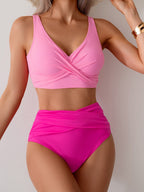Solid Color 2pcs Cross Twisted High Waist Bikini Swimsuit