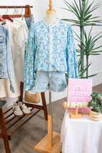 Sky Blue Paisley Print Puff Sleeve Loose Shirt