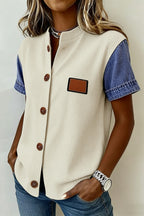 Beige Denim Patchwork Short Sleeve Ribbed Shirt