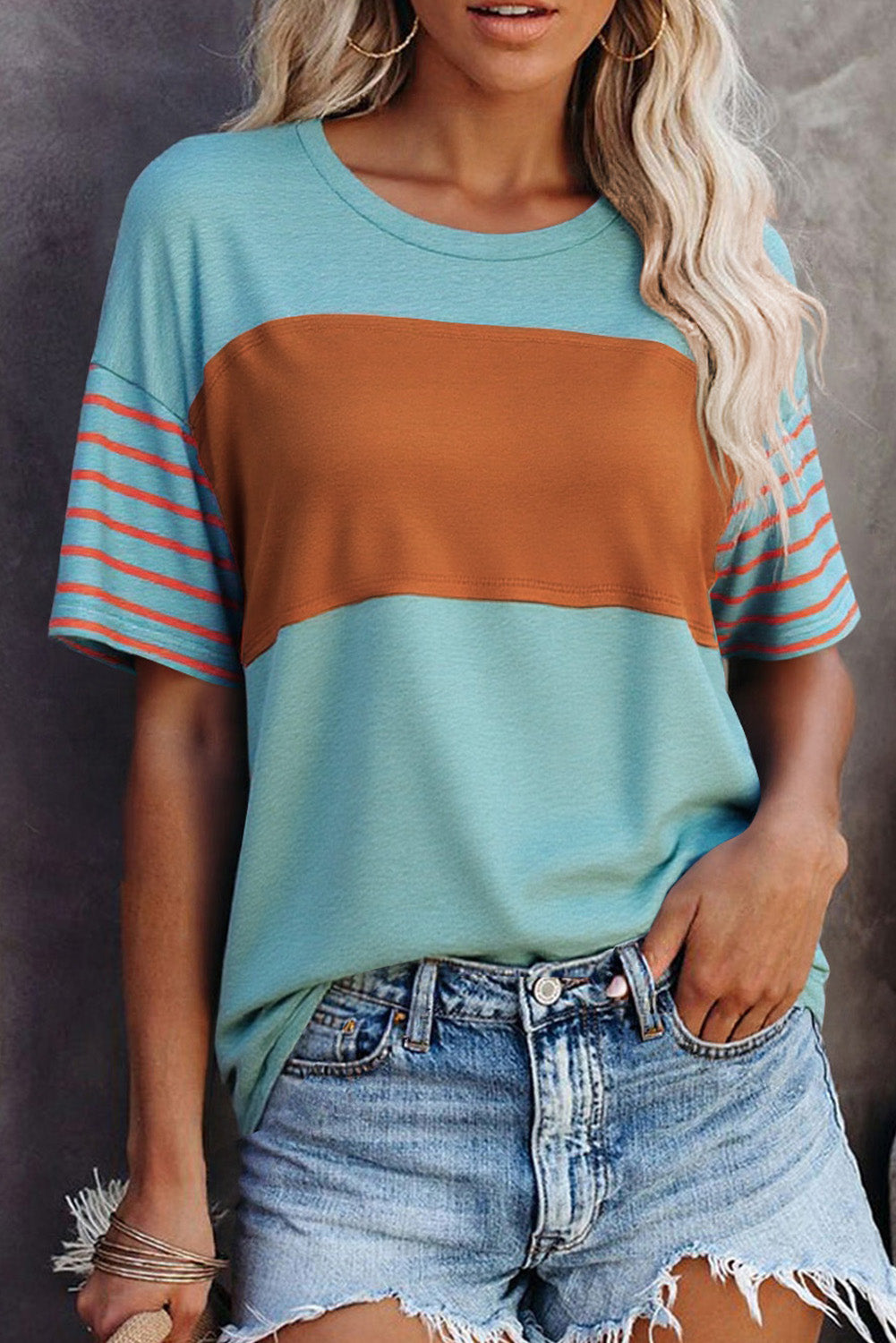 Color Block Striped Detail Loose T Shirt