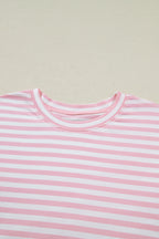 Pink Stripe Drop Shoulder Round Neck Top and Buttoned Straight Pants Two Piece Set