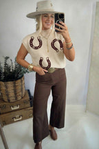 Parchment Corded Horseshoes Ribbed Trim Mock Neck Short Sleeve Sweater