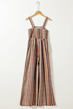 Yellow Stripe Square Neck Sleeveless Smocked Bodice Wide Leg Jumpsuit