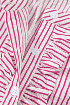 Striped Frilled Detail Half Buttons Short Sleeve Long Dress