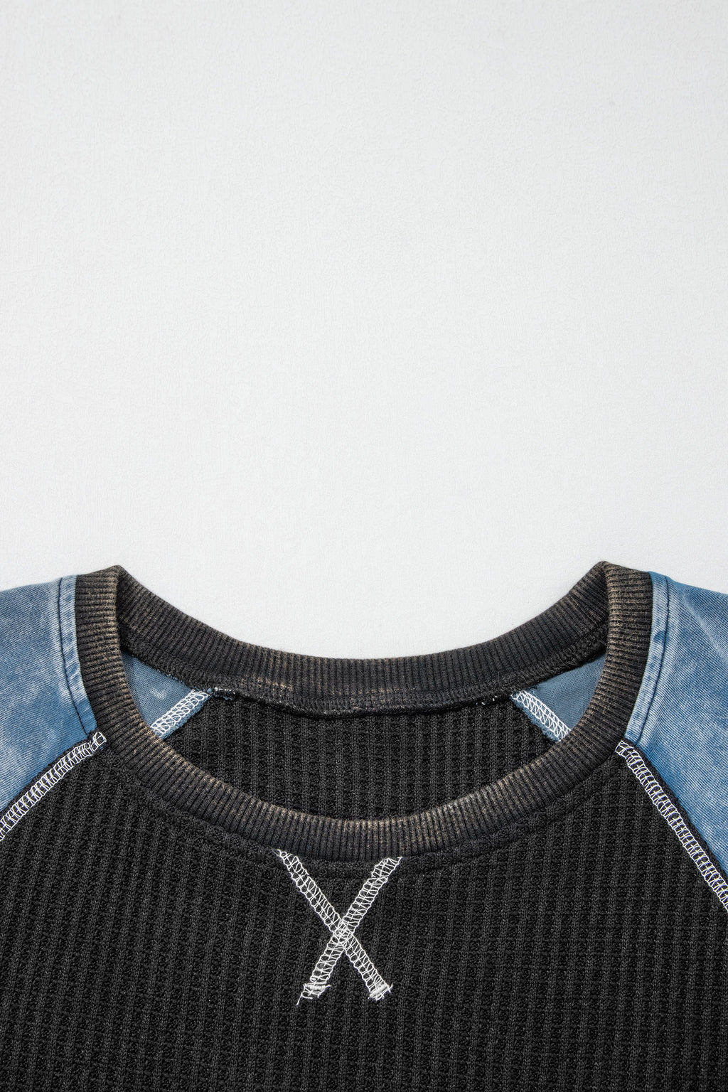 Waffle Knit Seam Detail Color Block Patchwork Short Sleeve Top