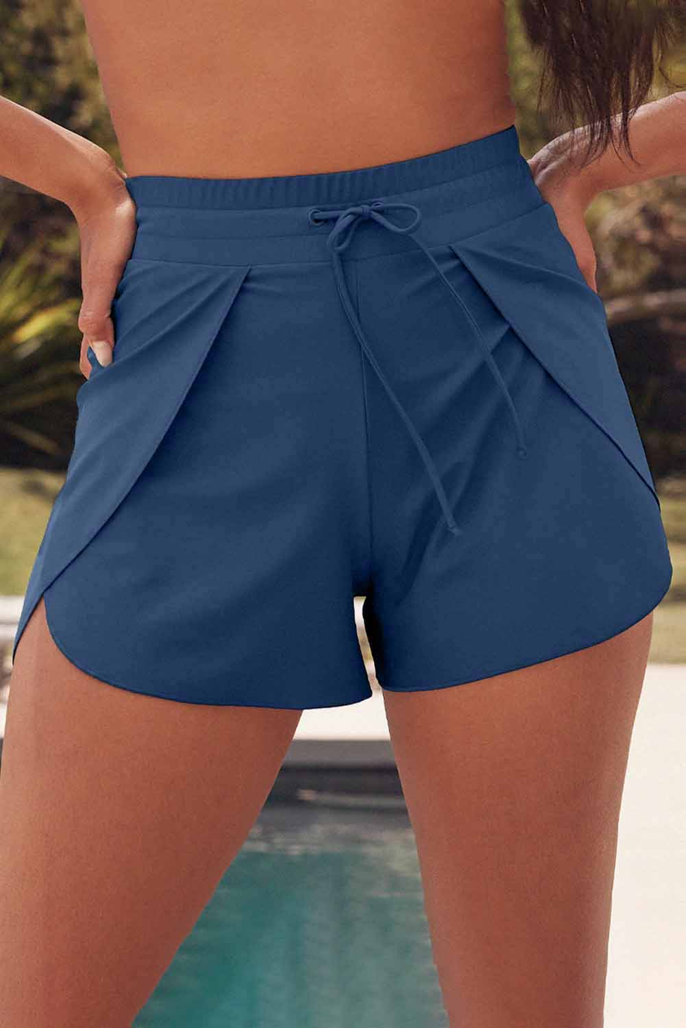 Solid Colour 2-in-1 Drawstring Elastic Waist Swim Shorts