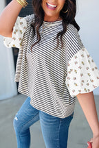Striped Floral Puff Sleeve Patchwork Round Neck Loose Top