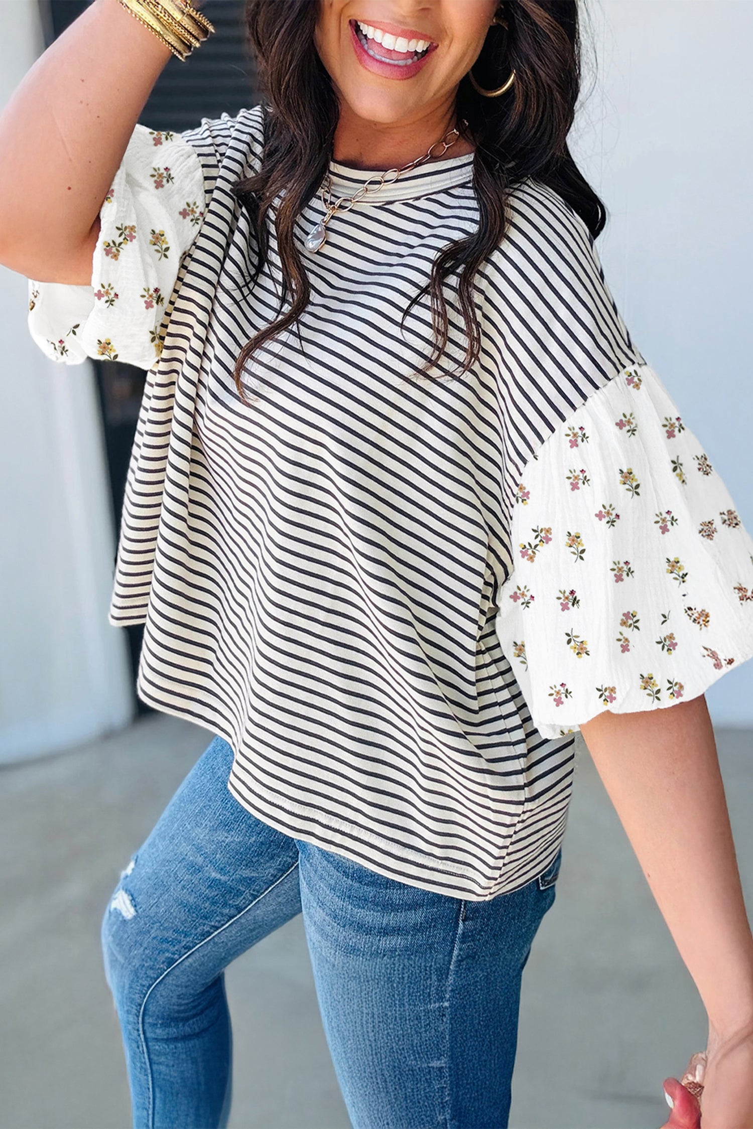 Striped Floral Puff Sleeve Patchwork Round Neck Loose Top