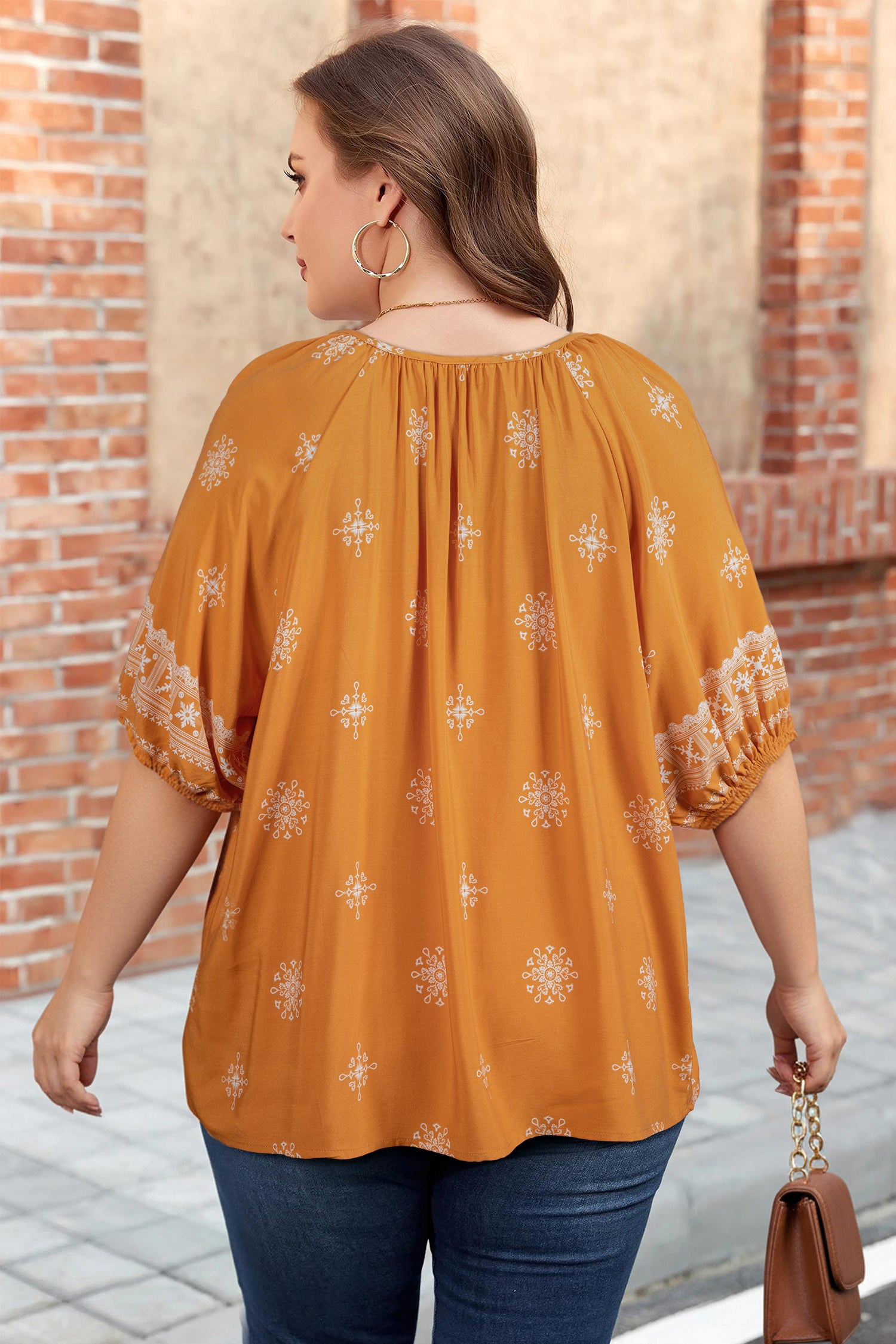 Boho Chic Notched V Neck Plus Floral Short Sleeve Top