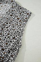 Beige Leopard Zip Front V Neck Cinched Waist Sleeveless Maxi Dress