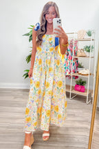 Floral Print Contrast Stitched Knot Denim Straps High Waist Dress
