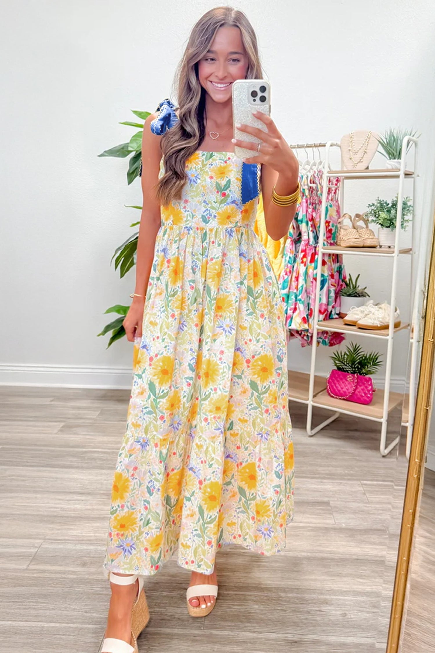 Floral Print Contrast Stitched Knot Denim Straps High Waist Dress