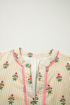 Apricot Striped Floral Print Contrast Detail Ruffle Hem Short Dress