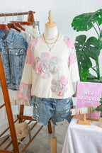 Beige Color Block Retro Floral Patchwork Long Sleeve Top