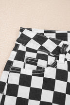 Black Checkerboard Print Distressed Holes Raw Edge Cropped Jeans