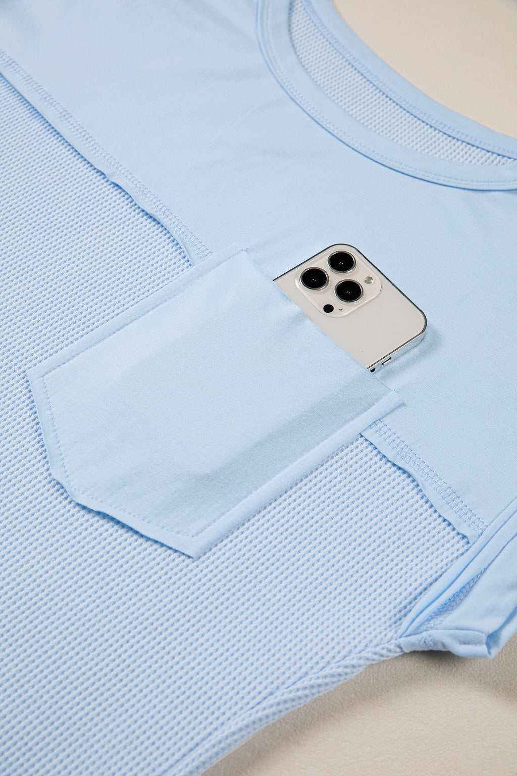 Solid Coluor Raw Seam Waffled Patchwork Casual T Shirt
