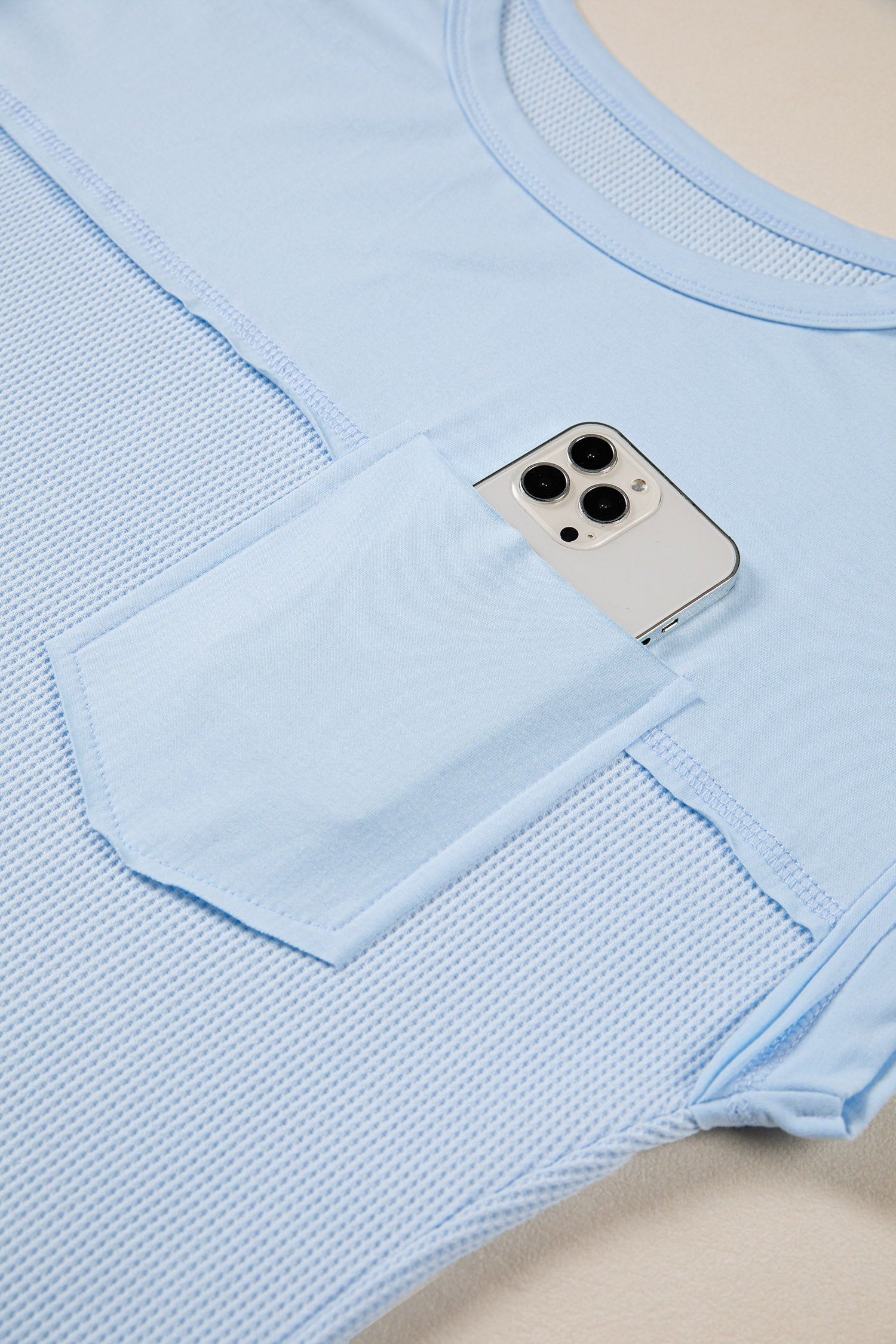 Solid Coluor Raw Seam Waffled Patchwork Casual T Shirt