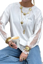 White Sheer Lace Splicing Long Sleeve Shift Top