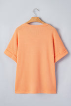 Grapefruit Orange Waffle V Neck Short Sleeve Knit Top