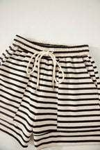 Black Stripe Ribbed Color Block Trim Zip Polo Tee Drawstring Shorts 2pcs Outfit
