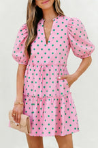Pink Polka Dot Print V Neck Short Sleeve Tiered Mini Dress