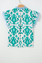 Sky Blue Ethnic Print Striped Trim Flutter Sleeve Top