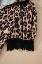 Brown Leopard Print Button Down Lace Trim Short Sleeve Shirt