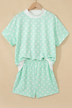 Polka Dot Print Color Block Trim Mock Neck Short Set