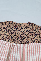 Leopard Trim V Neck Button Down Half Sleeve Shirt