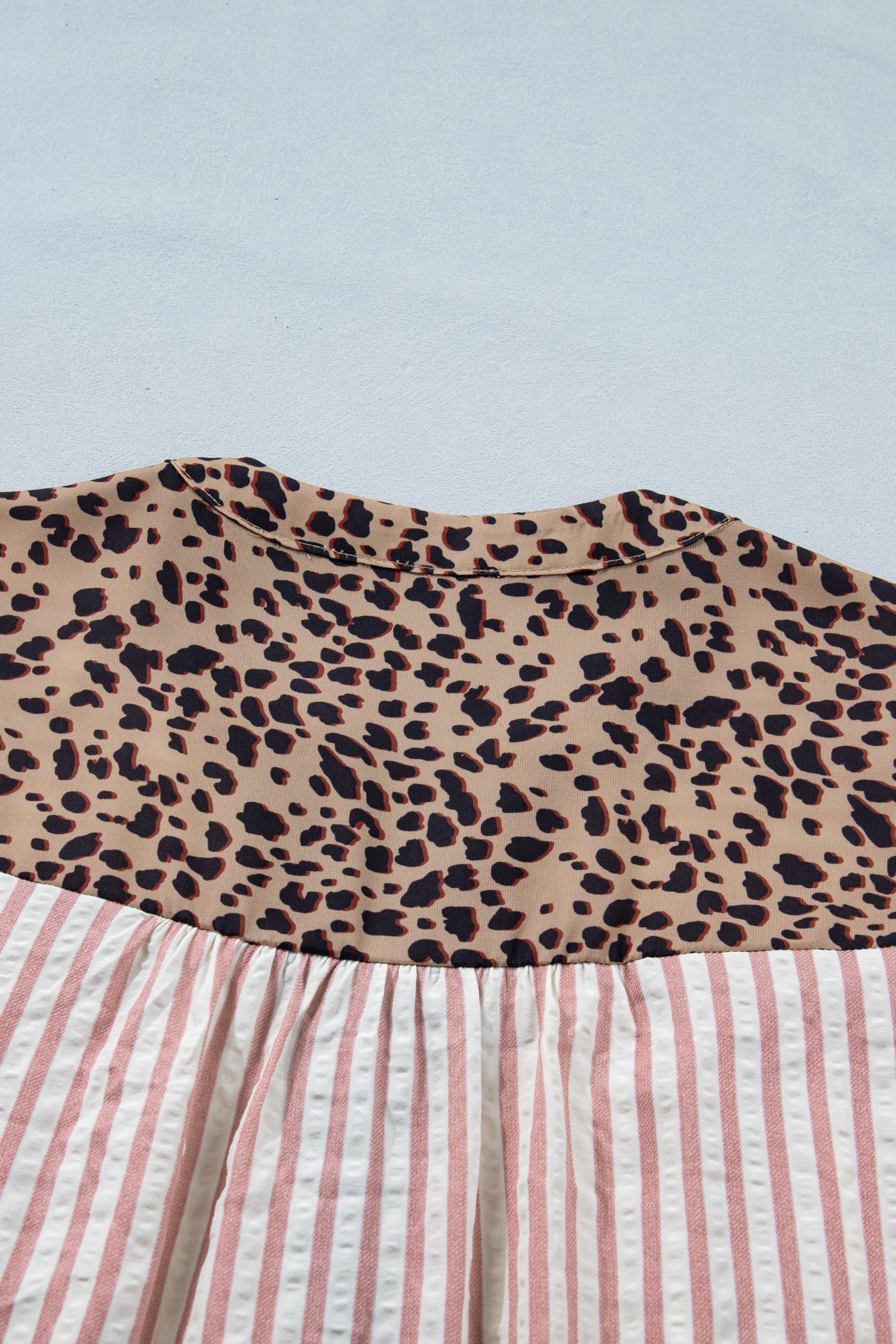 Leopard Trim V Neck Button Down Half Sleeve Shirt