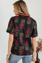 Floral Short Bubble Sleeve Contrast Slit Neckline Blouse