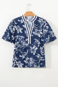 Blue Floral Print Short Puff Sleeve Striped Trim V Neck Blouse