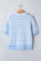 Sky Blue Stripe Short Sleeve Knit V Neck Bow Knot Sweater