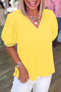 Solid Colour V Neck Short Puff Sleeve Blouse