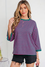 Striped Print Drop Shoulder Lace Trim Bracelet Sleeve Loose Top