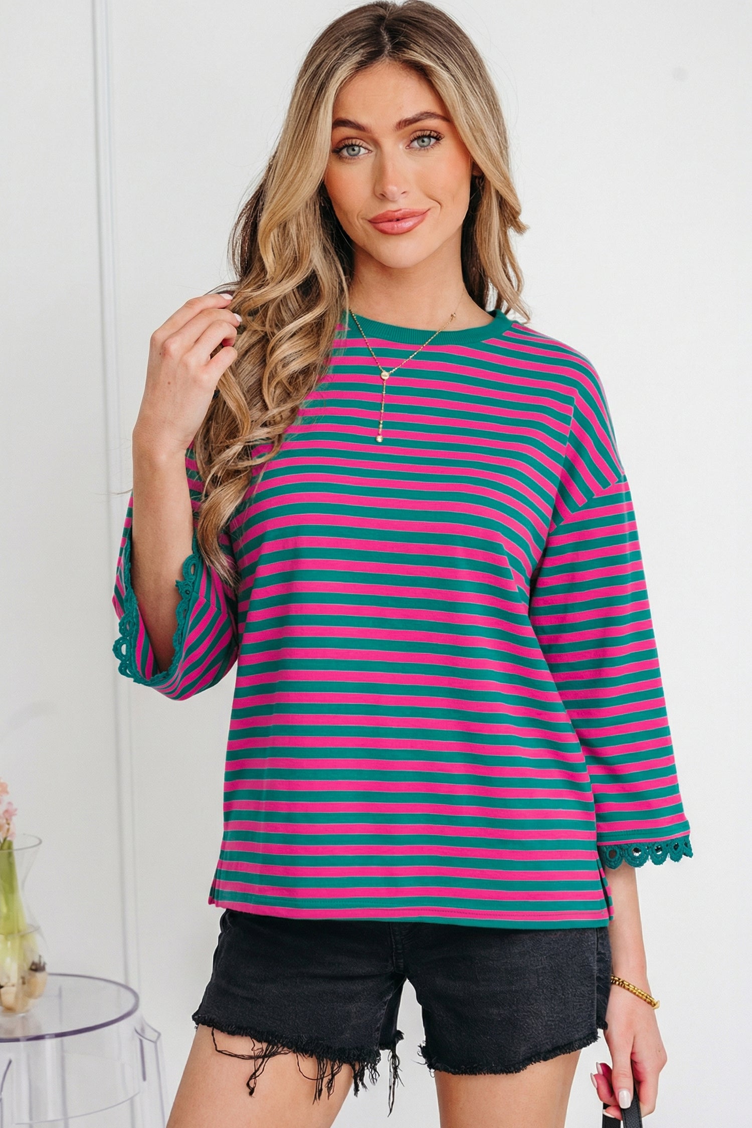 Striped Print Drop Shoulder Lace Trim Bracelet Sleeve Loose Top