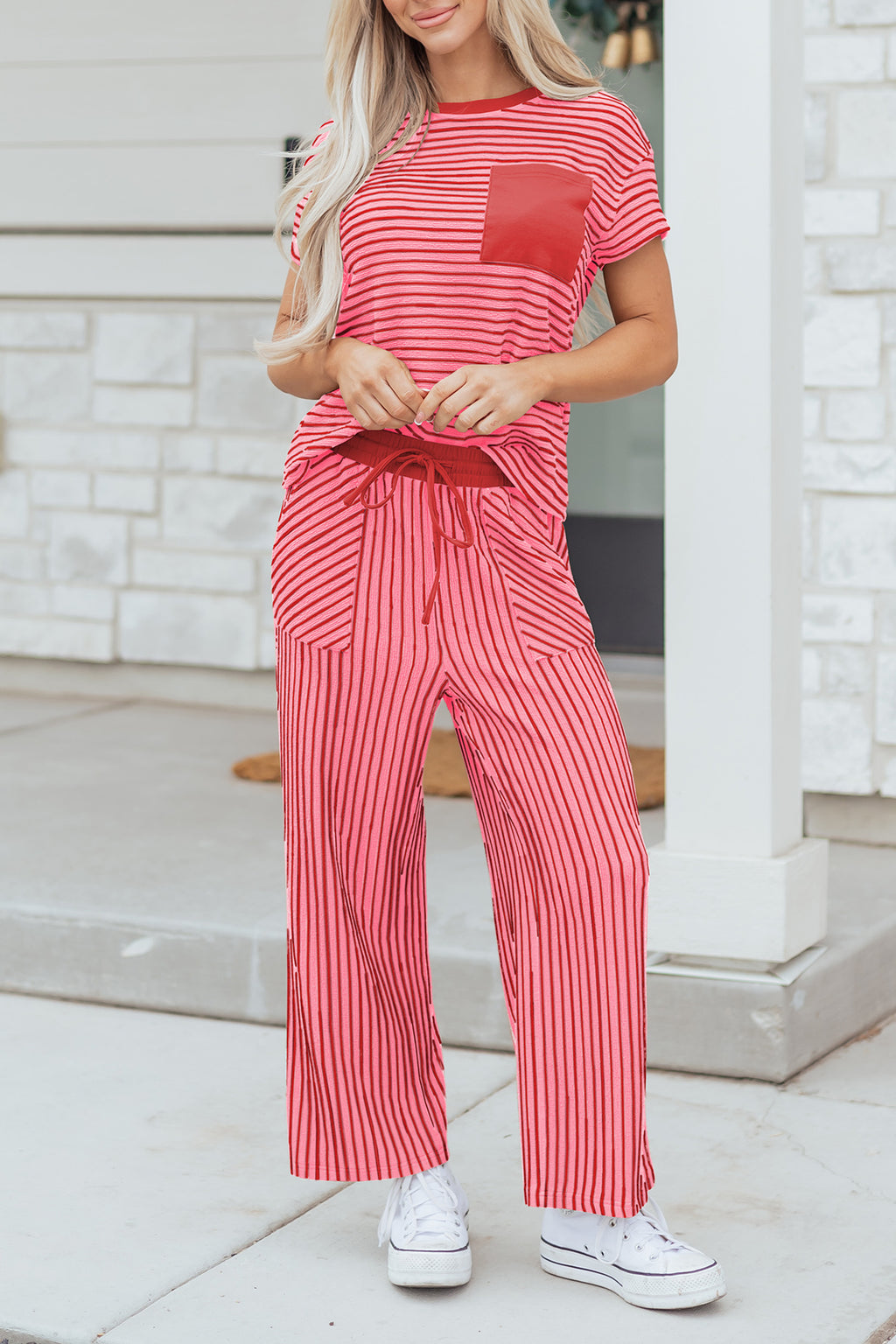 Striped Crew Neck Tee Drawstring Waist Cropped Pants Set