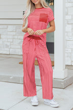 Striped Crew Neck Tee Drawstring Waist Cropped Pants Set