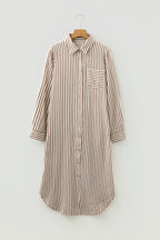 Brown Stripe Textured 3/4 Sleeve Round Hem Split Midi Shirt Dress