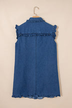 Sail Blue Ruffled Edge Collared Shift Denim Dress with Pockets