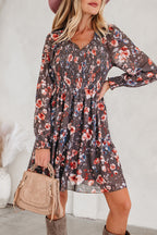 Brown Frilly Smocked Bodice Floral Mesh Long Sleeve Mini Dress
