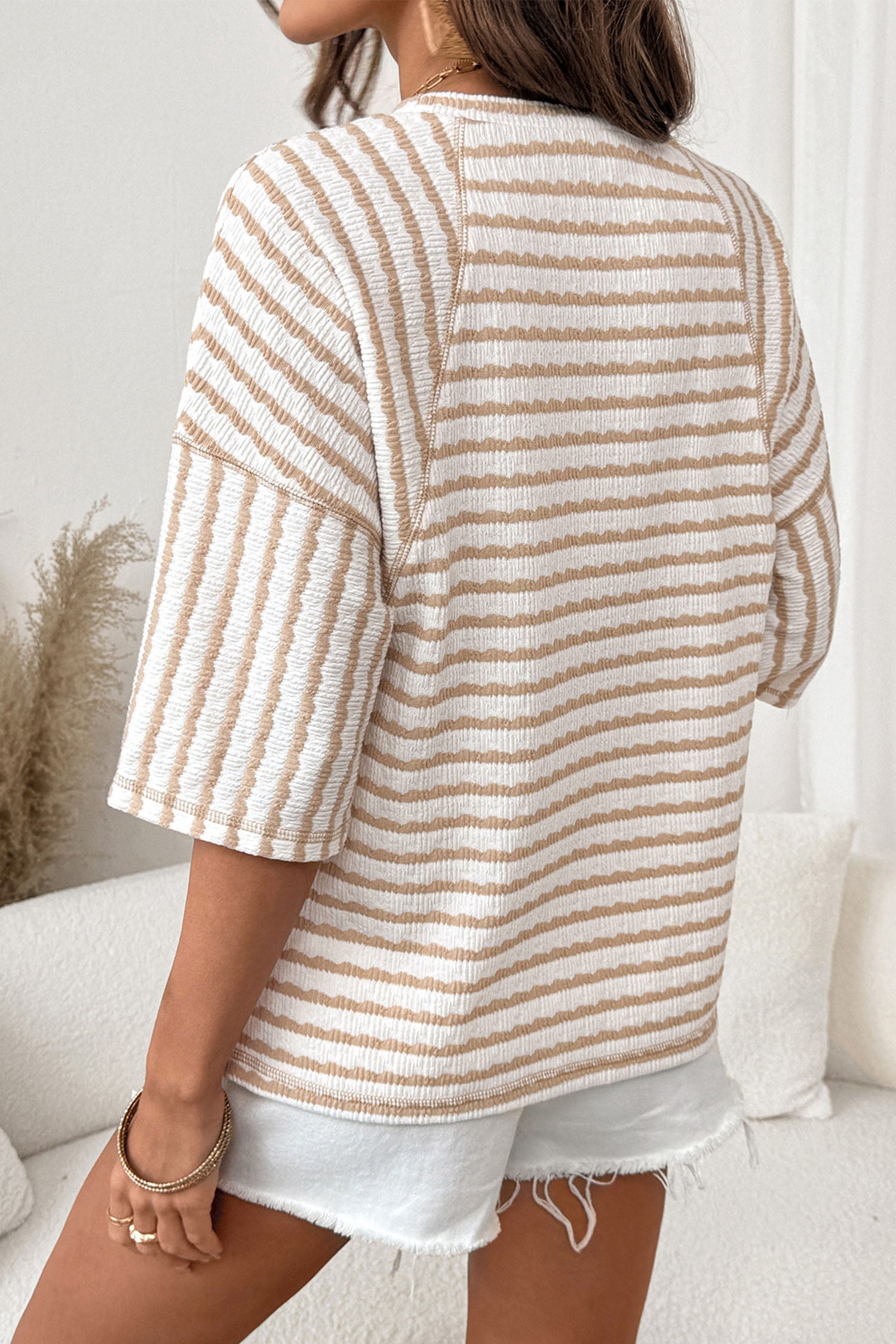 Striped Textured Knit Split Hem Half Sleeve Loose Top