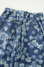 Sky Blue Dainty Floral Printed Drawstring Barrel Jeans