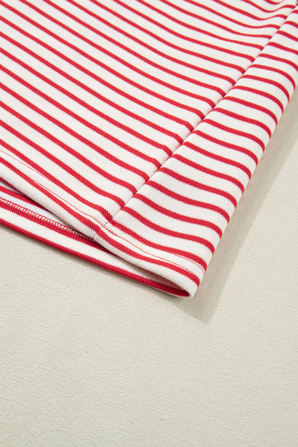 Striped Quarter Zip Polo Collar T Shirt Dress with Pockets