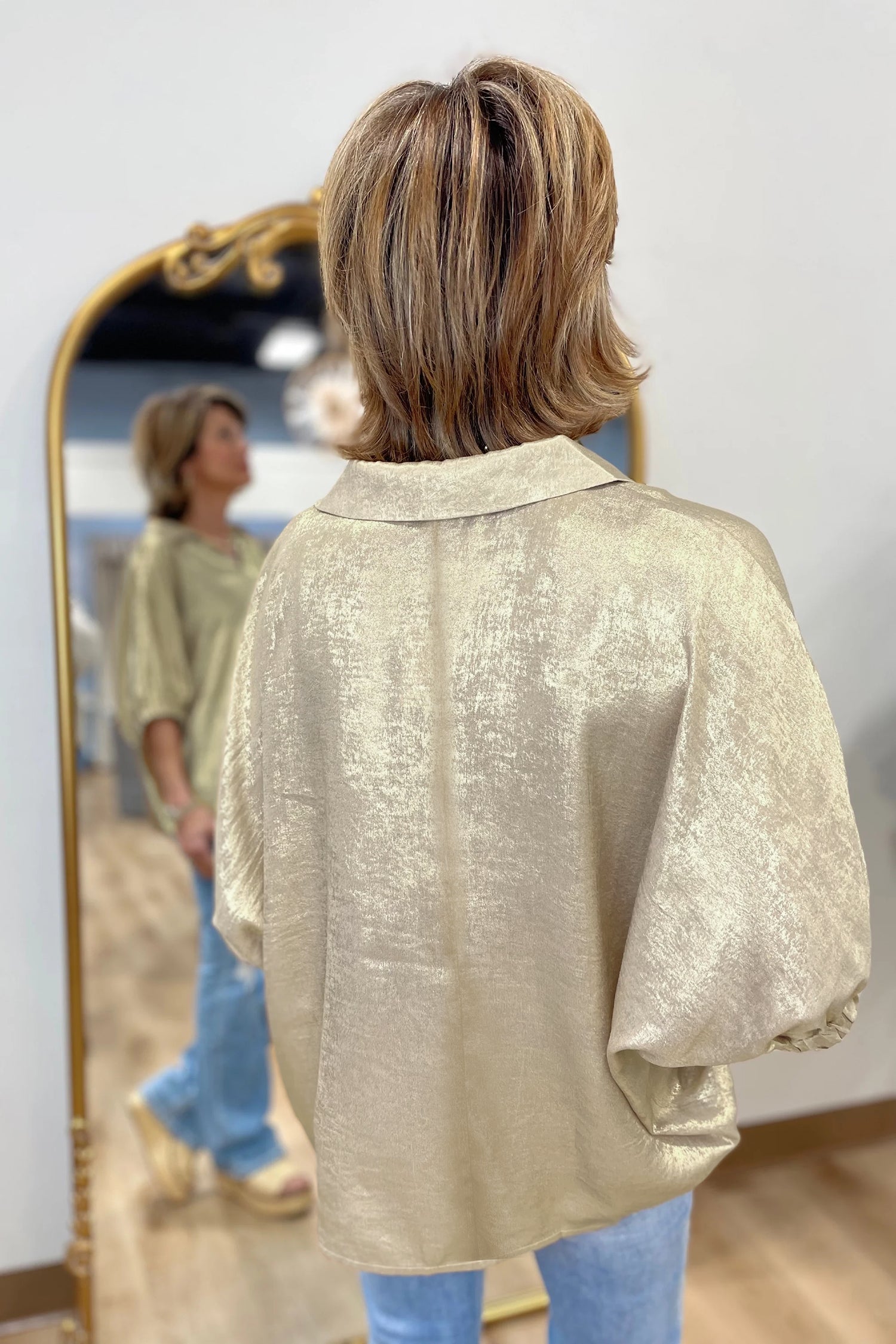 Collared V Neck Half Sleeve Metallic Top