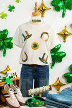 White St Patricks Day Sequin Graphic Casual T Shirt