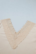 Apricot Lace Trim V Neck Long Sleeve Patchwork Pullover Top
