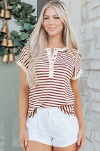 Striped Half Buttons Round Neck T Shirt