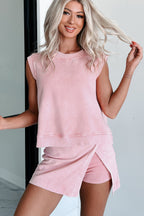 2 Pieces Mineral Wash Cotton Tank Top Lined Split Skirt Set