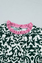 Damask Print Ruffled Colour Block Detail Half Sleeve Blouse